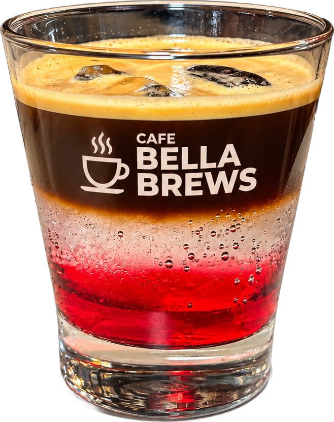Strawberry Appacano in a Cafe Bella Brews glass